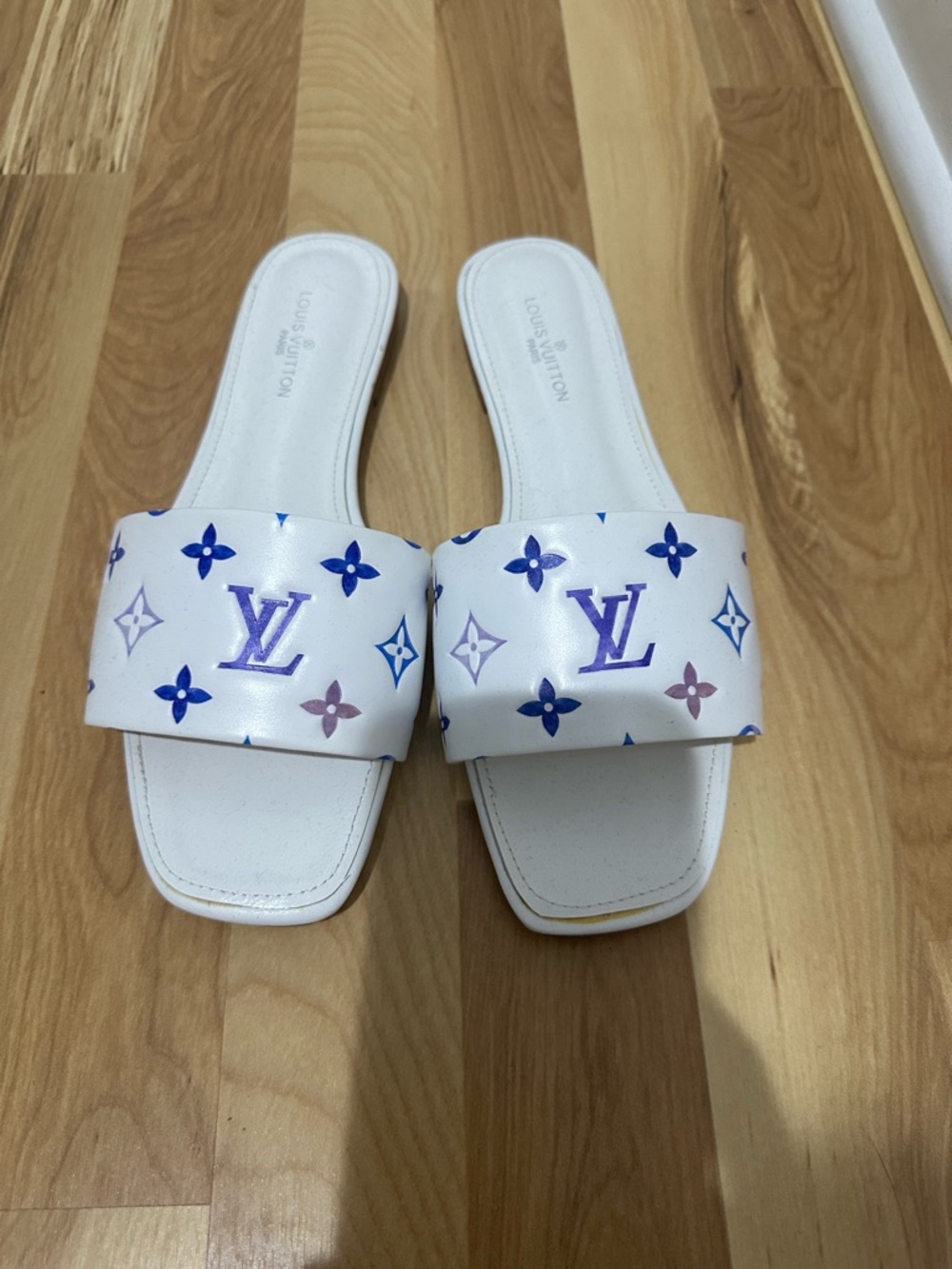 White Slide Sandals with Blue & Purple Accents